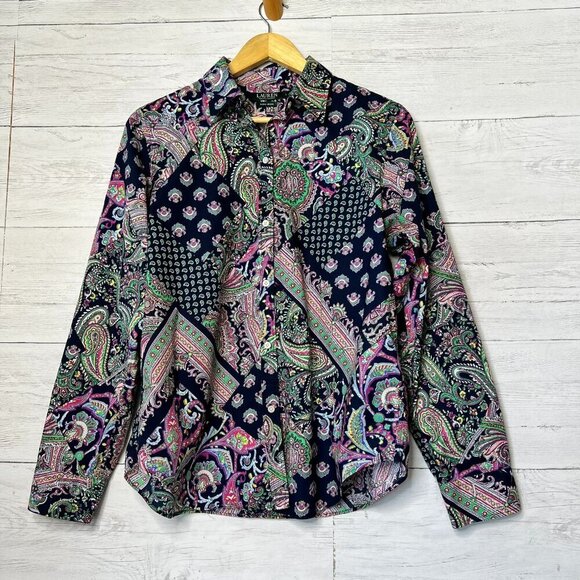 Lauren Ralph Lauren Top Womens Size Large Colorful Paisley Patchwork Non Iron - Picture 1 of 16